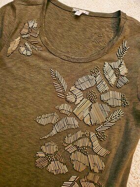 Olive Green J Crew Floral Beaded Top